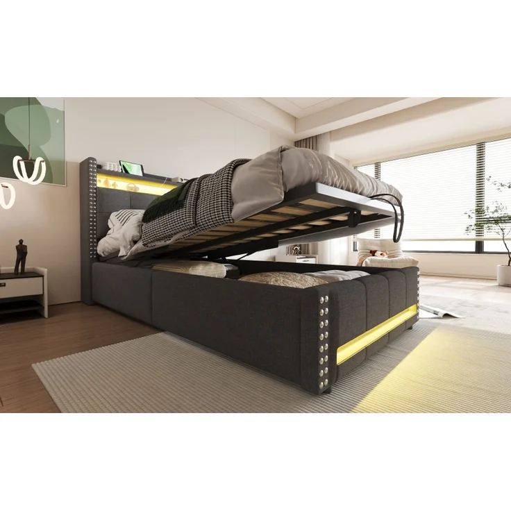 EINHOM Polsterbett Kinderbett 90 x 200 cm mit LED-Beleuchtung und USB-Steckdose, Kopfteil mit Einlegeböden und Stauraum, mit Hydraulik für die Lagerung, Einzelbett, Leinenstoff Grau, (Ohne Matratze) – Bild 6