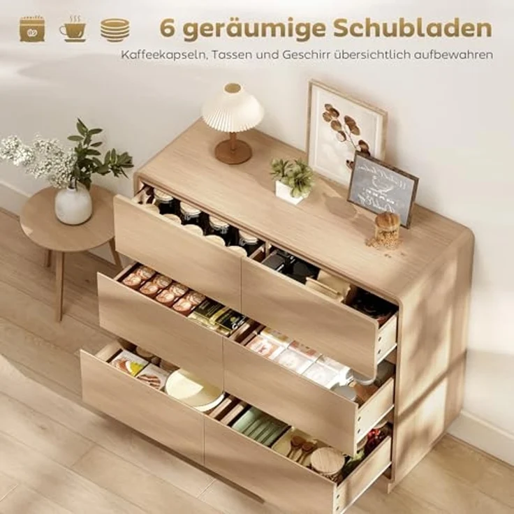 HOMCOM Sideboard mit 6 Schubladen, abgerundeten Kanten (Kommode, 1 St, 100 cm Aufbewahrungsschrank), für Wohnzimmer, Küche, Esszimmer, 100 x 38 x 86 cm, Naturholz – Bild 4