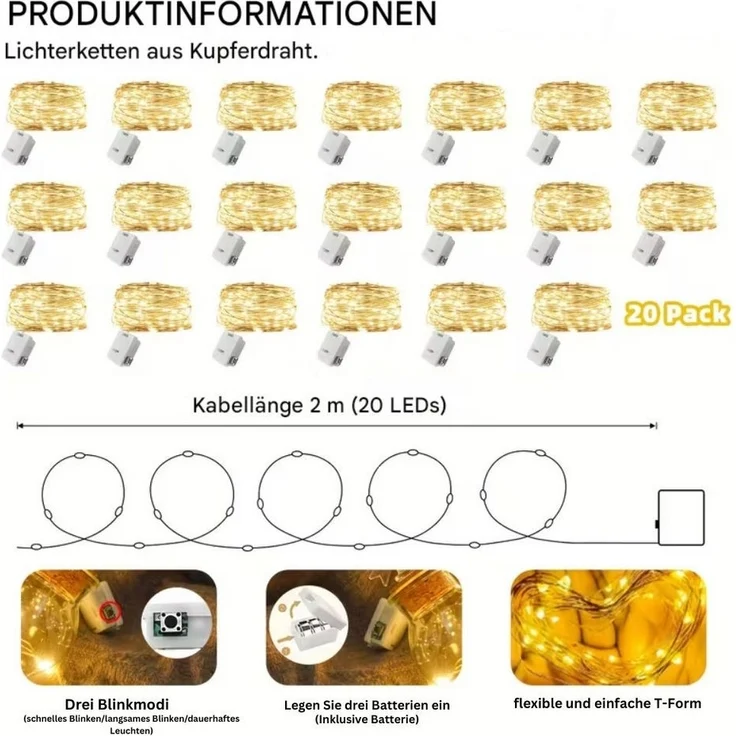 Montegoni Lichterkette LED Lichterkette 20er Set warmweiß 2m Batteriebetrieben 3 Modi, 3 Beleuchtungsmodi, flexibler Kupferdraht, batteriebetrieben – Bild 3