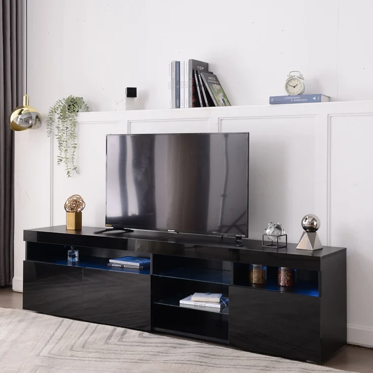 TV-Schrank, MDF mit Hochglanzfront & LED-Beleuchtung, 180x35x48 cm, Schwarz – Bild 6