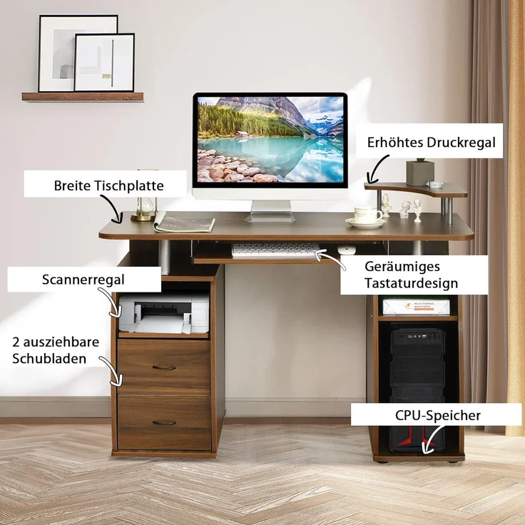 COSTWAY Computertisch Schreibtisch Buerotisch Arbeitstisch PC-Tisch mit Tastaturauszug Druckerablage Schubladen Walnuss – Bild 6