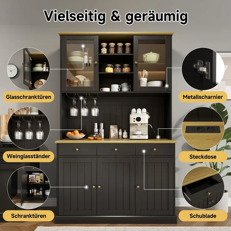 Buffetschrank 120 x 40 x 191 cm in Schwarz mit Glastüren, Schublade, Gläserhalter und Steckdosen – Bild 8