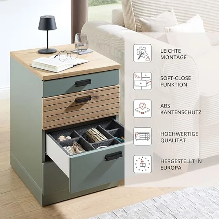 Stella Trading Glenn Rollcontainer Schreibtisch in Schilfgrün, Artisan Eiche Optik - Mobiler Büroschrank mit Schubladen - 45 x 66 x 55 cm (B/H/T) – Bild 5