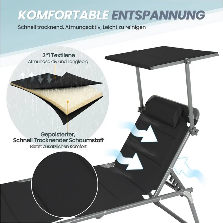 Homecall Sonnenliege mit Dach, schnell trocknender Schaumstoff, XXL, 200x70 cm - (Schwarz) – Bild 2