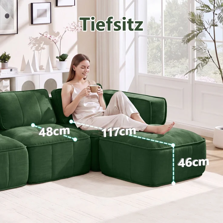 EINHOM 3-Sitzer L-förmiges rahmenloses Modulsofa mit 1 Hocker, knochenloses Design, 32D-Schaumstoff hoher Dichte, tiefes Sitzkissen, bequemer Stoff, ideal für das Wohnzimmer, Grün – Bild 7