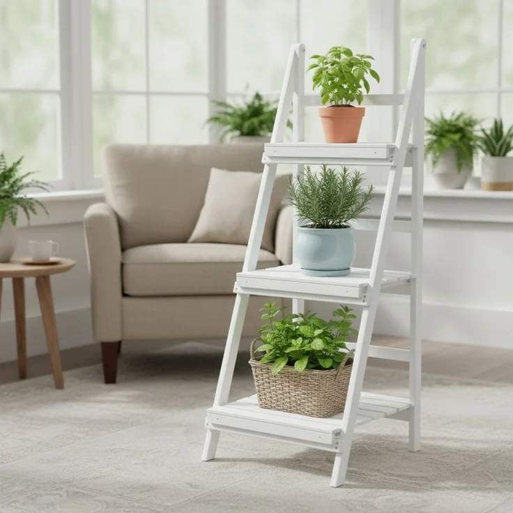 Blumentreppe 3 Etagen Blumenregal Weiß Blumenständer Pflanzenampel Blumenhocker Holz Natur Blumenbank Pflanzregal – Bild 2