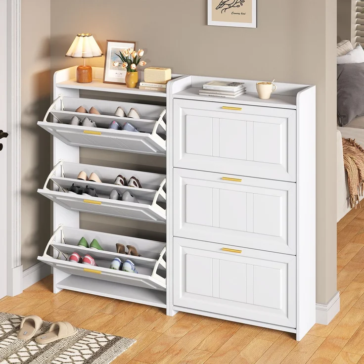 Schuhschrank Set 2-teilig 70x24x120 cm Weiß 2 Klapptüren pro Schrank Ablagefläche – Bild 2