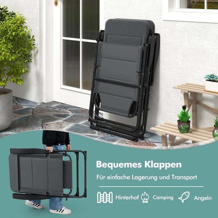 2er Set Gartenstühle mit 7-fach Verstellbarer Rückenlehne Klappstühle Balkonstühle Grau – Bild 4