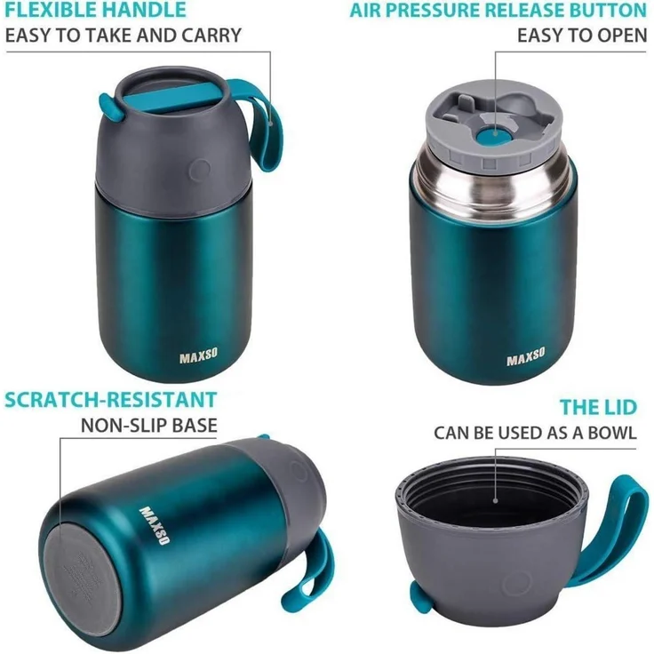Thermobehälter Edelstahl Warmhaltebecher 500ml 700ml faltbare Löffel Grün – Bild 3