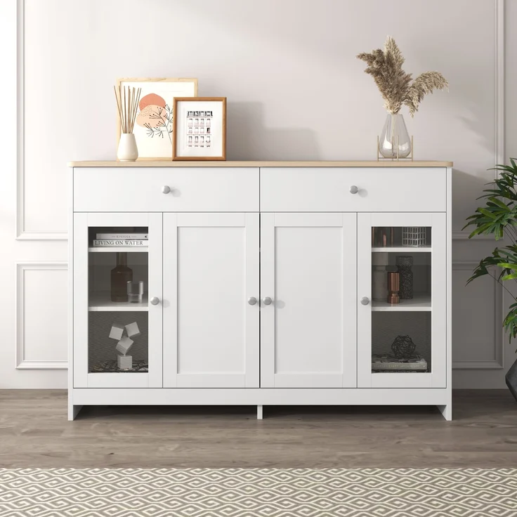 Sideboard 120×37×80 cm mit 2 Schubladen, 4 Türen, verstellbaren Regalböden, Holzoptik Kommode Buffetschrank Weiß – Bild 4