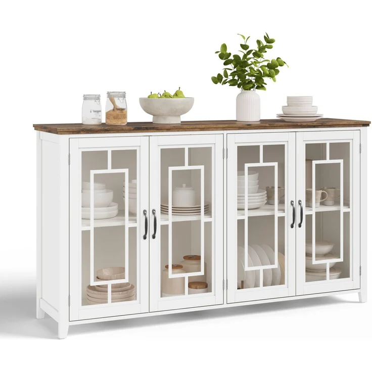 Merax 160cm Küchen-Sideboard mit Glastüren, einem geräumigen Staufach, einer Arbeitsplatte in Holzoptik und einer Kippsicherung, Weiß – Bild 10