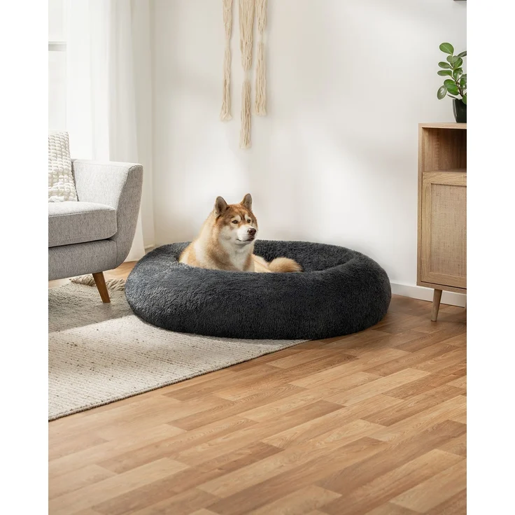 lionto Donut Hundebett, rundes Hundesofa mit Plüschbezug & Anti-Rutsch-Noppen, weich & gemütlich, 120 cm Durchmesser, dunkelgrau – Bild 2