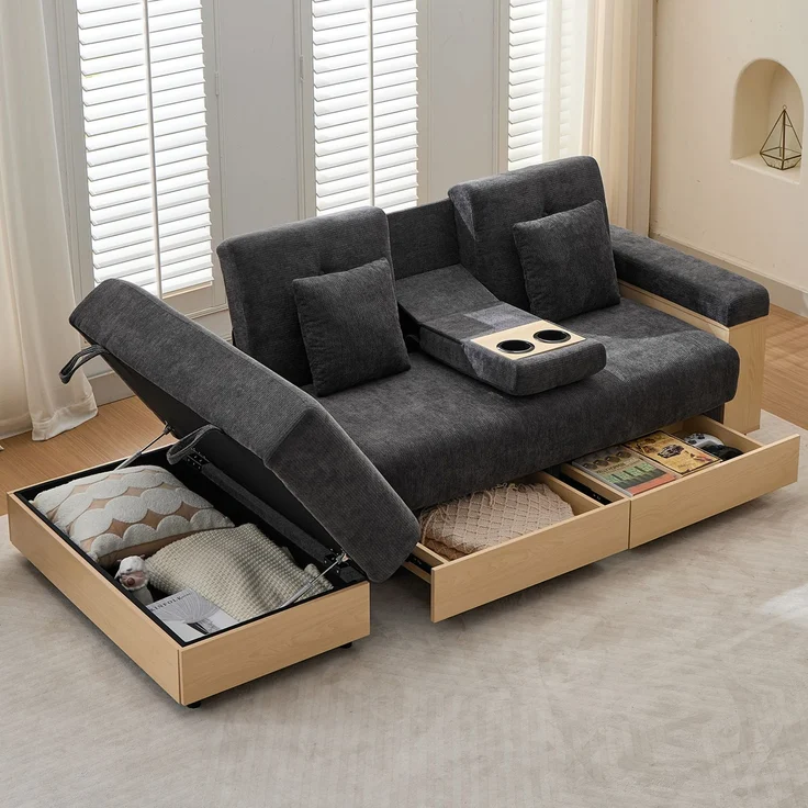 Merax Wohnlandschaft Sofa mit Stauraum, 3-fach verstellbarer Rückenlehne, Schlafsofa mit Schubladen, Chenille-Stoff, Getränkehalter & Stauraumhocker, grau – Bild 1