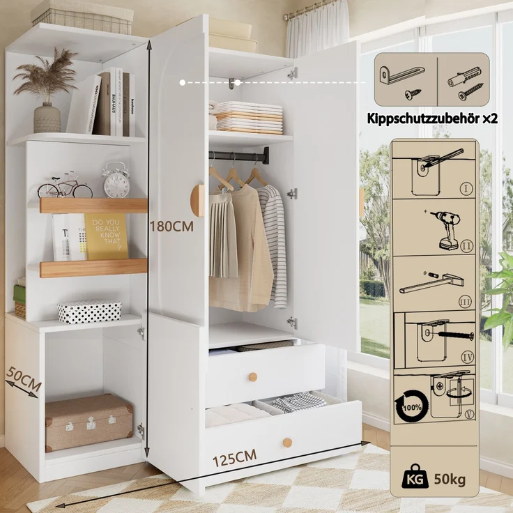 Merax Kleiderschrank mit Stauraum, Mehrzweckschrank in Weiß/Natur, Garderobenschrank mit Schubladen, Kleiderstange und offenen Regalfächern – Bild 9