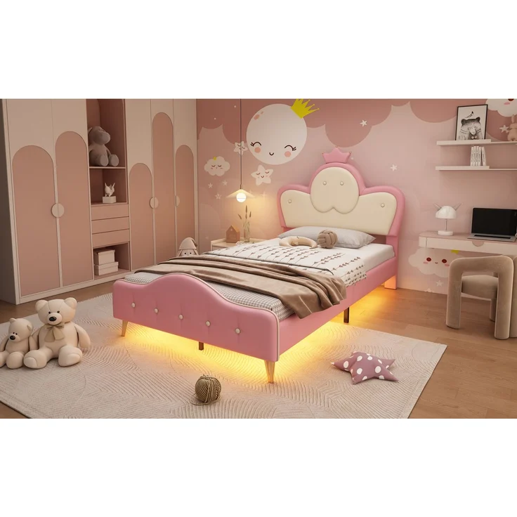 Merax 90x200CM Polsterbett, Kinderbett, mit weichen Schutzkanten, Monochromer LED-Streifen, Kopfteil mit Krone, Bettfüße aus Metall, Wellenform mit Zugpunkt am Kopfende des Bettes, Einzelbett, PU, Rosa+Weiß – Bild 8