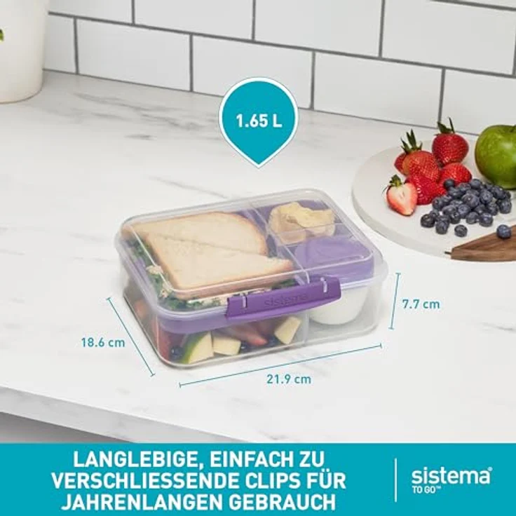 Sistema Bento Box TO GO Brotdose mit Fächern | 1,65 L Lunchbox mit Joghurt- /Fruchtbehälter | Lunchbox Kinder & Erwachsene | Blaugrün – Bild 4