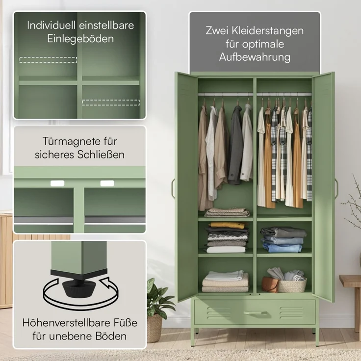 skølm 'Atria' Kleiderschrank mit Schublade, Metall, 170x45x80 cm, grün, Garderobe mit 4 Fächern und 2 Kleiderstangen – Bild 3