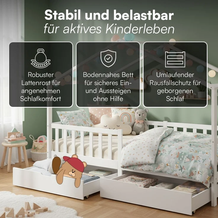Bellabino 'Bia' Hausbett 90x200 cm mit 2 Schubladen, weiß, Kiefer Massivholz, Montessori Kinderbett mit Stauraum, inkl. Rausfallschutz und Lattenrost – Bild 3