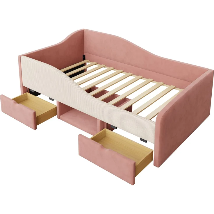 Kinderbett 90×190 cm mit Colorblock-Samt, Schutzgitter, Schubladen & Schuhfach, gepolstertes Jugendbett mit Stauraum,Rosa & Cremeweiß – Bild 6