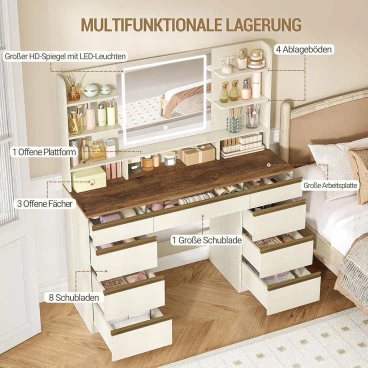 Großer Schminktisch mit LED-Beleuchtung, 3 Farben, Helligkeitsregulierung, Schminktisch mit Spiegel, 9 Schubladen, 9 offenen Ablagen, Moderner Stil, Weiß-Braun – Bild 3