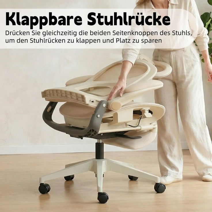 Klappbarer ergonomischer Bürostuhl, kleiner Platz-Klappstuhl mit Taillenstütze, Ganznetzschiebekissen, klappbare Armlehnen, 3D-Kopfstützen und Bürostuhl mit Arbeitspedalen,creme--Creme--129x48.5x62cm--YOUDENOVA – Bild 5