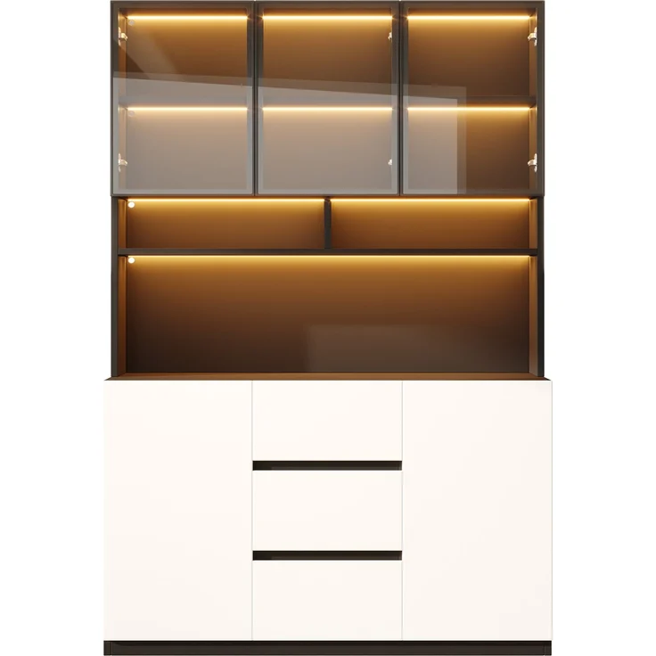 Flieks LED Vitrine 120 x 38 x 200 cm, Küchenbuffet, grauen Glastüren, offenen Fächern, 2 Türen und 3 Schubladen, Schwarz-Weiß – Bild 5