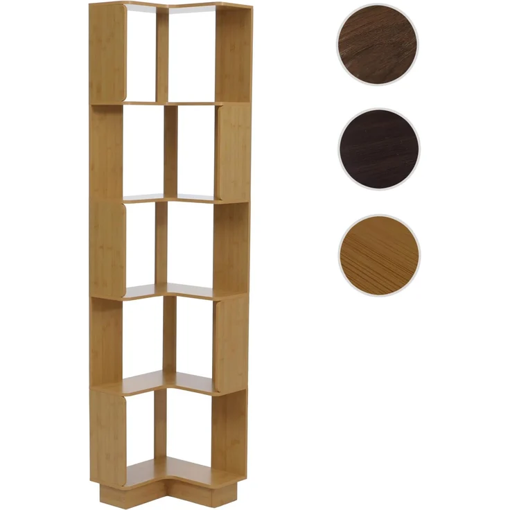 Eck-Bücherregal HWC-P53, Eckregal Standregal Wohnregal, 5 Ebenen MDF Melamin 175x40x40cm ~ Bambus-Optik – Bild 10