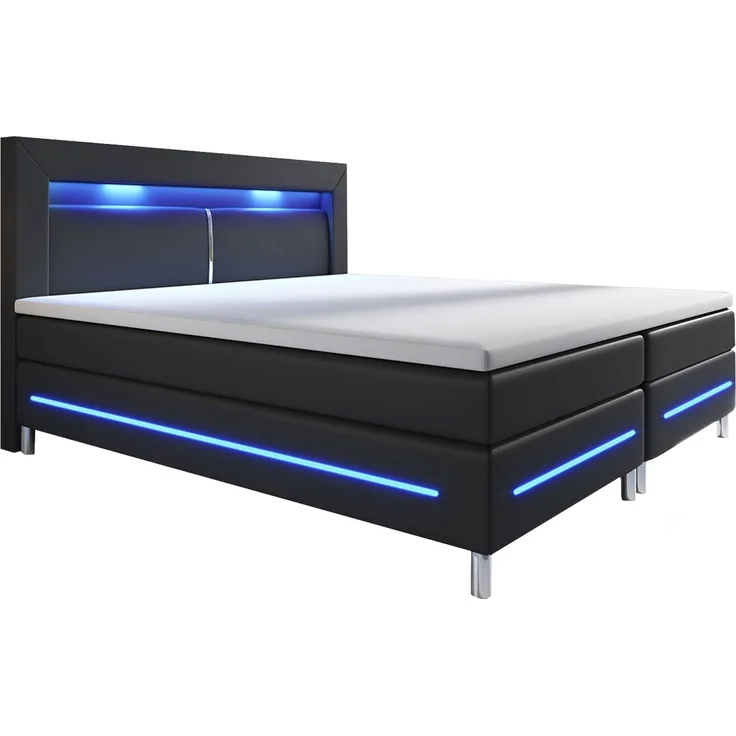 Juskys Boxspringbett Norfolk 140x200 cm – LED Beleuchtung, Bonell-Matratzen, Topper & Kunstleder – 66 cm Komforthöhe – schwarz – Bett Doppelbett