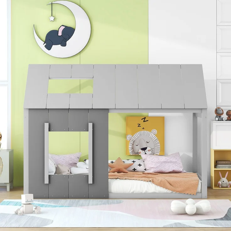 Kinderbett 90x200 cm in Hausform, Montessori Bett mit Dach und Fenster,offenes Design zum Dekorieren, Grau – Bild 2