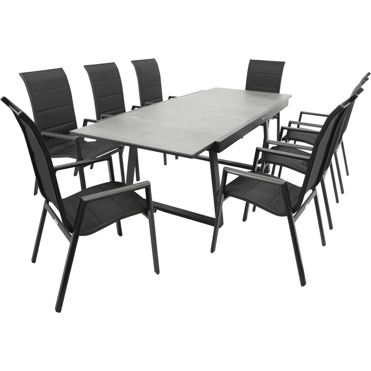 DEGAMO REIMS II Gartengarnitur, Alu + Keramikoptik, anthrazit, 9-teilig grau (8x Stapelsessel, 1x Ausziehtisch 180/240x100cm) – Bild 1