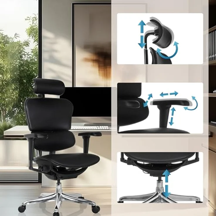 hjh OFFICE Bürostuhl ergonomisch ERGOHUMAN Ultra L GEN2 Originales Design, Bürosessel mit Flexibler Lendenwirbelstütze, Leder, Schwarz – Bild 6