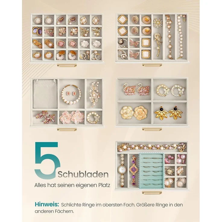 SONGMICS Schmuckkästchen aus Holz mit Glasdeckel, Schmuck Organizer mit 5 Ebenen, 24 x 17,2 x 18,4 cm, Cremeweiß – Bild 4