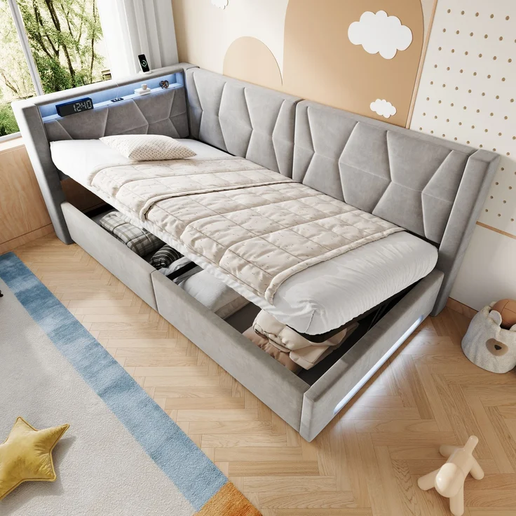 LVHOM Einzelbett 90x200 cm mit Stauraum, Polsterbett mit LED, USB und Type-C, Jugendbett, Hydraulischem Bettgestell, Samt, Grau – Bild 1