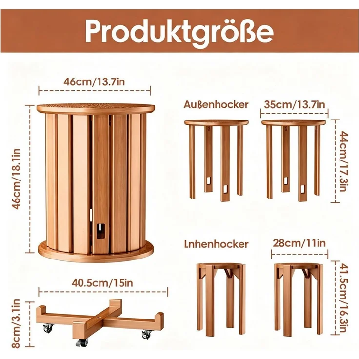 Rutaqian Sitzhocker Massivholz Stapelhocker 4er Set mit Rollen, runde Hocker (Ein 4-teiliges Set), 4 Hocker als ein Möbelstück – stapelbar, Massivholz & mit Rollen – Bild 2
