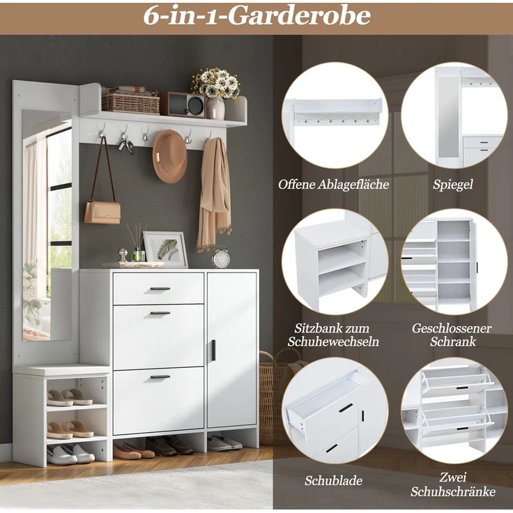 Garderobenständer für den Eingangsbereich, inklusive Schuhschrank, Spiegel und Kleiderhaken,multifunktionaler Schuhschrank mit Schuhwechselbank, für Flur Eingangsbereich, Weiß, 140x30x200cm--Weiß--140x30x200cm--YOUDENOVA – Bild 10