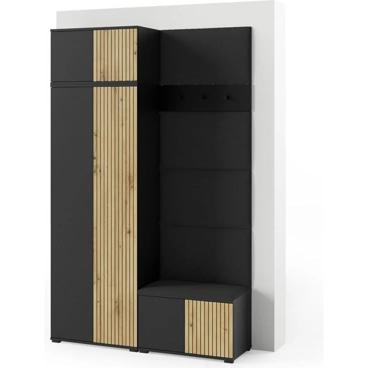 Garderoben-Set Rosario Version 2 mit Lamellen, Kleiderschrank mit Polsterplatten und Schuhschrank (Schwarz / Eiche Artisan, Trinity 16), 225 x 40 x 140 cm