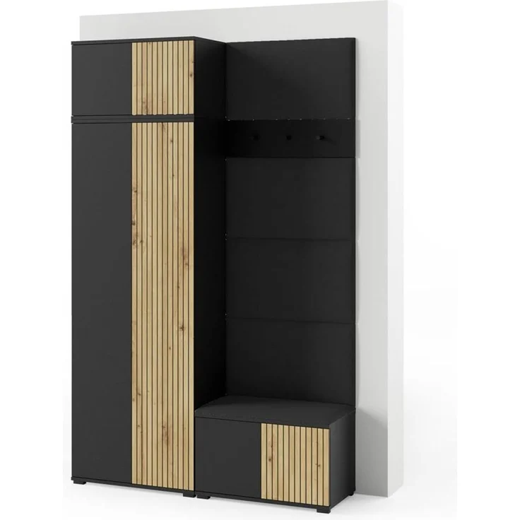 Garderoben-Set Rosario Version 2 mit Lamellen, Kleiderschrank mit Polsterplatten und Schuhschrank (Schwarz / Eiche Artisan, Trinity 16), 225 x 40 x 140 cm – Bild 1
