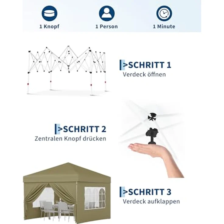 Faltpavillon 3x3 m wasserdicht stabil mit 4 Seitenwänden – Pop up Pavillon faltbar aus 420D Oxford, UV-Schutz 50+, 3-Fach höhenverstellbar, Partyzelt mit Tragetasche für Garten & Outdoor (Khaki) – Bild 3