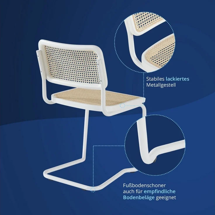 KHG Freischwinger Esszimmerstuhl Metallgestell Weiß, Rattaneflecht, Made in Italy, Rattangeflecht, Buchenrahmen, Freischwinger – Bild 4