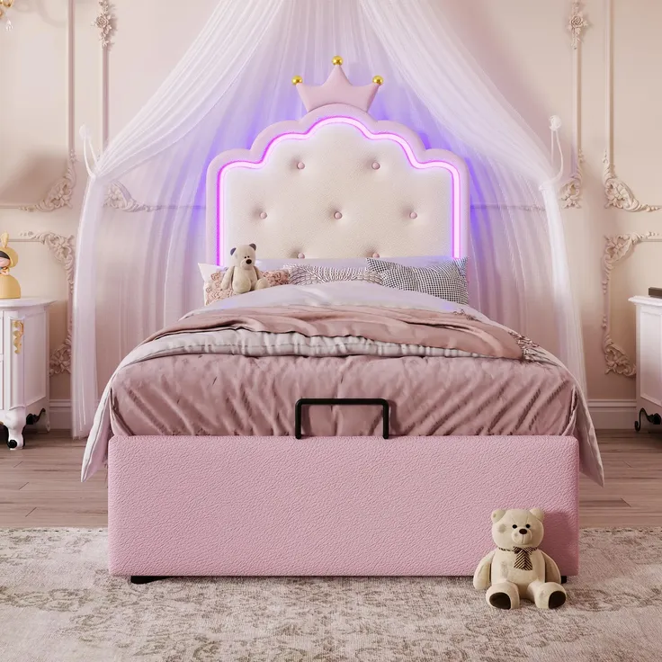 Prinzessinbett mit Stauraum und LED-Beleuchtung, 90x200 cm, Mädchenbett, Polsterbett für Mädchen, Einzelbett, Kunstleder – Bild 4