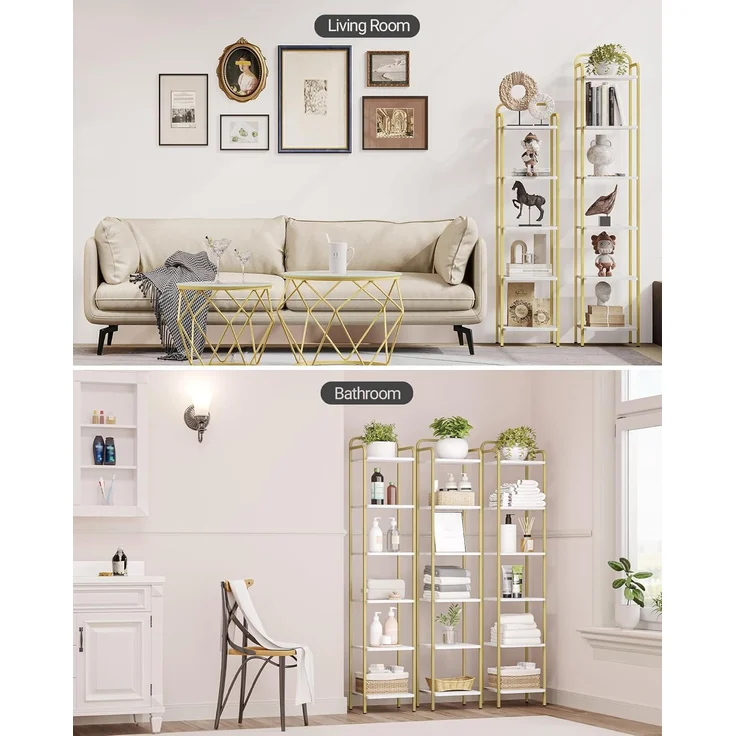 Bücherregal, Regal, Standregal, Schmales Bücherregal, Industrielles Eckregal, Schlankes Regal für Heimbüro, Wohnzimmer, Schlafzimmer, Küche, 6 Ebenen Weiß-Gold – Bild 4