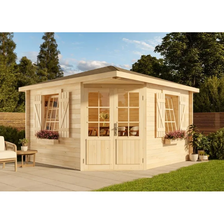 Alpholz 5-Eck Gartenhaus Monica Royal Gartenhaus aus Holz Holzhaus mit 28 mm Wandstärke Blockbohlenhaus mit Montagematerial