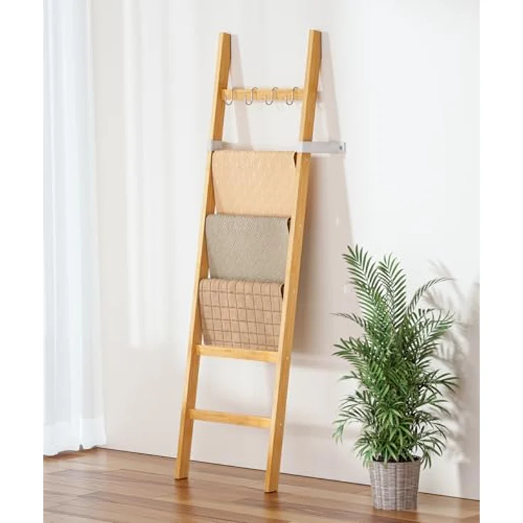 Yorbay Handtuchleiter Handtuchhalter Bambus, 6 Ebenen Leiterregal, 4 Haken und 2 Sicherheitsgurten, 43x170 cm, für Bad, Wohnzimmer – Bild 9