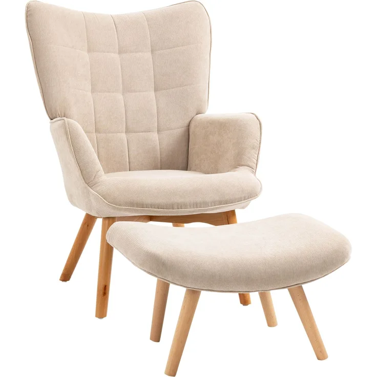 Ohrensessel mit Hocker Relaxsessel Polstersessel Cord-Optik Loungesessel Armlehnstuhl Holzbeine Fernsehsessel Beige für Wohnzimmer--Beige--72x80x101cm--YOUDENOVA