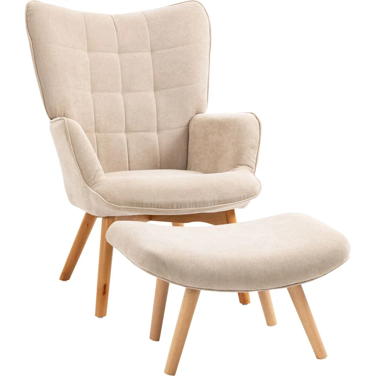 Ohrensessel mit Hocker Relaxsessel Polstersessel Cord-Optik Loungesessel Armlehnstuhl Holzbeine Fernsehsessel Beige für Wohnzimmer--Beige--72x80x101cm--YOUDENOVA – Bild 1