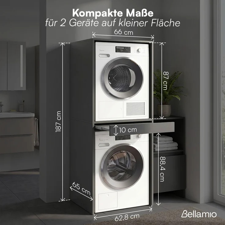Bellamio 'Vist' Waschmaschinen Trockner Schrank mit Schublade, graphitschwarz, Waschturm mit ausziehbarer Ablagefläche, Hochschrank mit Wandanschluss – Bild 8