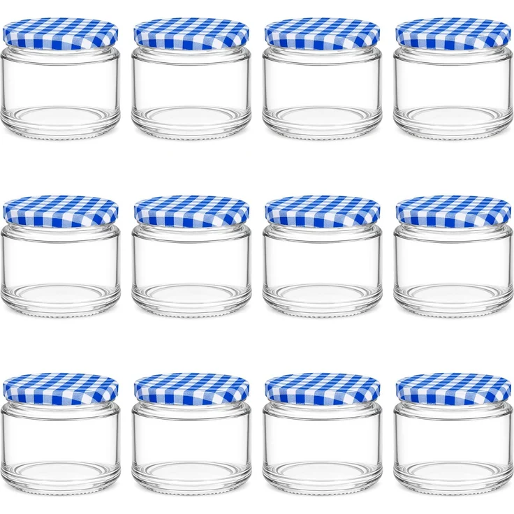 hocz 12x Marmeladengläser 200 ml | mit Deckel Blau Kariert TO 66 | Einmachgläser mit Schraubdeckel zum befüllen | Sturzgläser Marmelade Schraubgläser | leere Gläser Set | 12 Stück