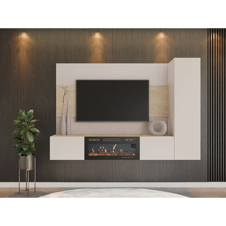 Wohnwand Deromi VI mit Kamin (Farbe: Sandbeige + Nuss Cremona) – Bild 3