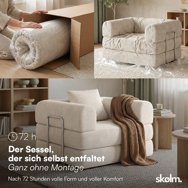 skølm 'Lofn' Modularer Sessel 1 Sitzer, 115x100 cm, Vollschaumcouch mit Metallgestell, Cord beige, Schlafsessel vakuumverpackt, kein Aufbau erforderlich – Bild 3