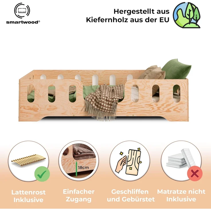 smartwood TILA 2 Kinderbett 90x160 mit Rausfallschutz und Lattenrost - Bodenbett Kinder Naturholz - Montessori Bett mit glatten Kanten - Betten für schnelle Montage - Bis zu 95 kg – Bild 3